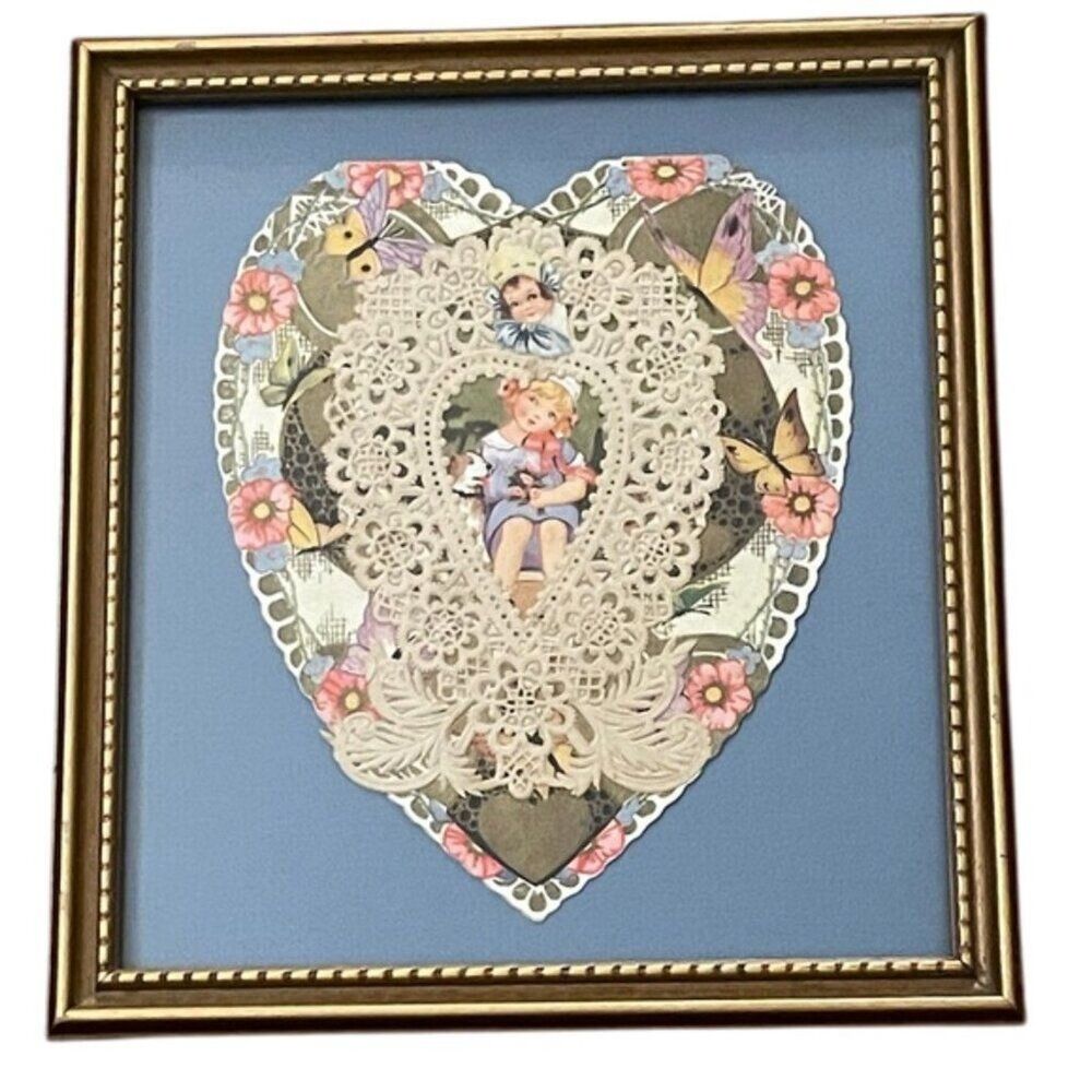 Custom Framed Heart-Shaped Vintage Valentine Paper Lace and Floral Accents